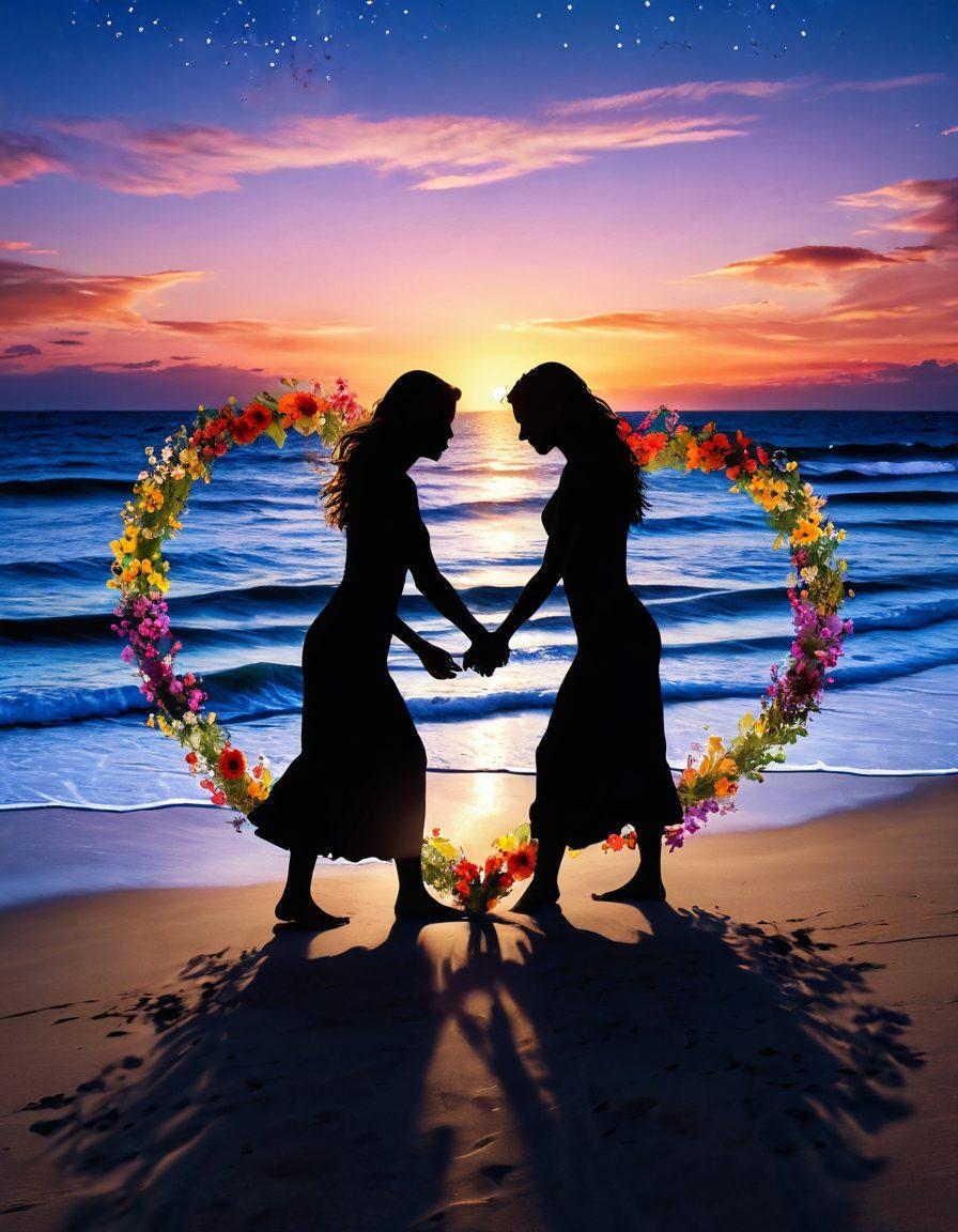 A beautifully intertwined heart made of various colored flowers, symbolizing unconditional love. Soft, glowing light radiates from the center, illuminating two silhouettes of lovers holding hands beneath a starry sky. The background features gentle waves on a beach, representing the ebb and flow of romance. Include warm, inviting colors to evoke feelings of love and warmth. super-realistic. vibrant colors. tranquil background.